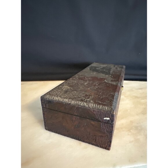 Antique Handcrafted Wooden Jewelry Box With Etching of Woman Satin Lining & Carv - Picture 6 of 9